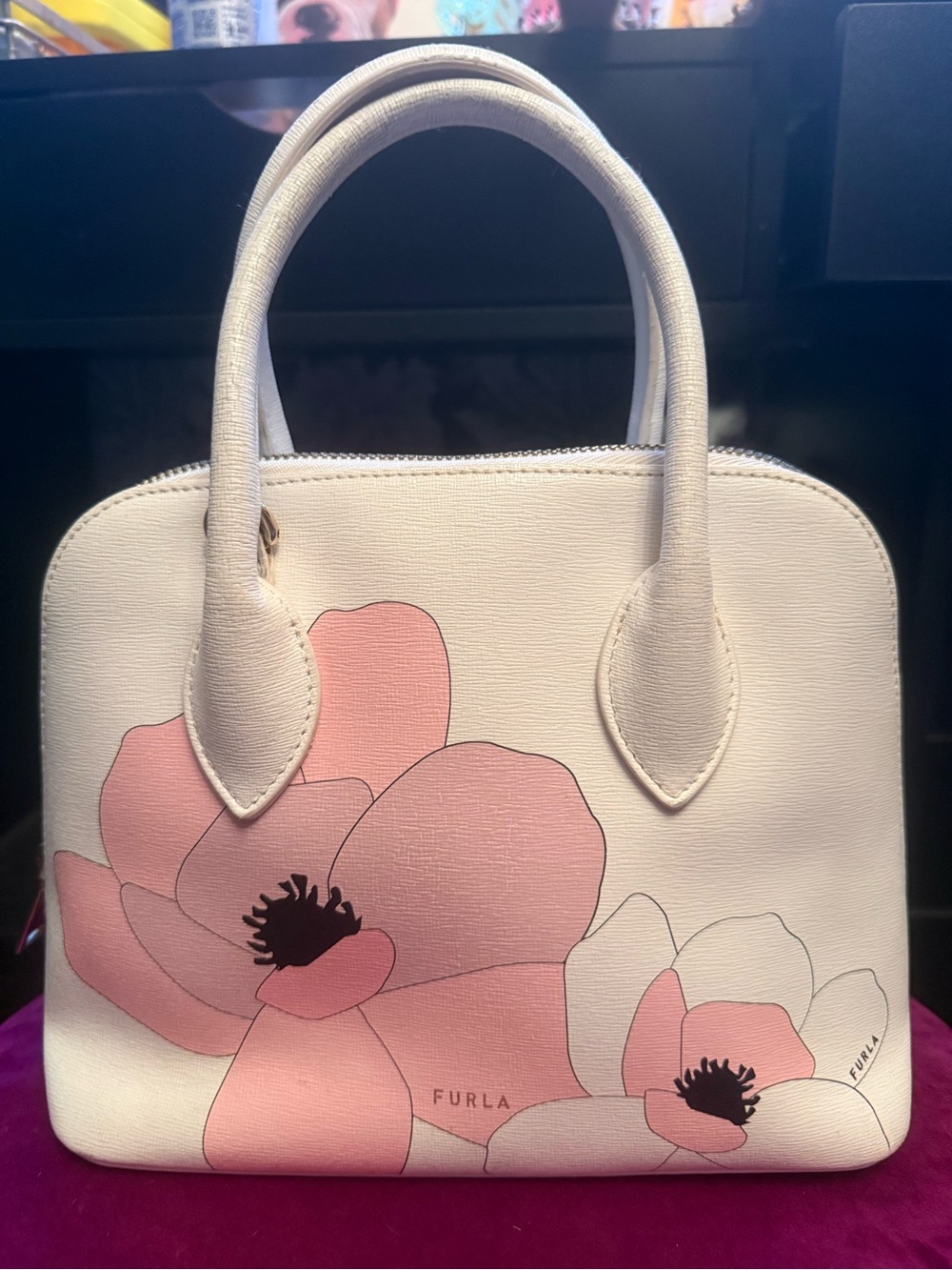Furla Cream Leather Top-Handle Satchel with Pink Floral Artwork
